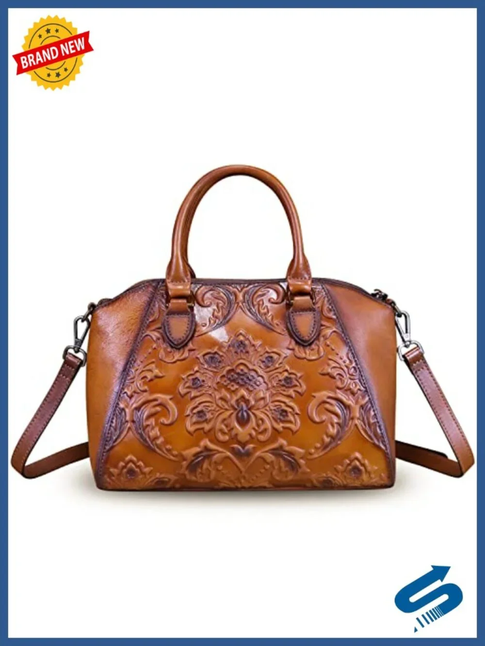 Genuine Leather Embossed Hobo Satchel Crossbody Bag with Adjustable Strap